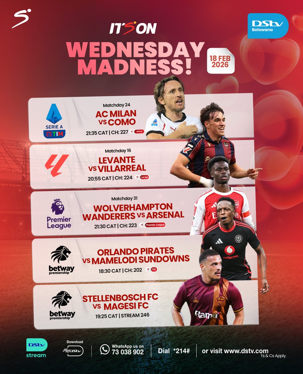 The midweek hustle is up! Potso ke gore a wena o ready for all this football action, o ready go kgwa mollo 🔥? Subscribe today at bit.ly/4blXXie dial *214#, Whatsapp us on 73038902 or use the MyDStvApp. #DStvBw #ReOn