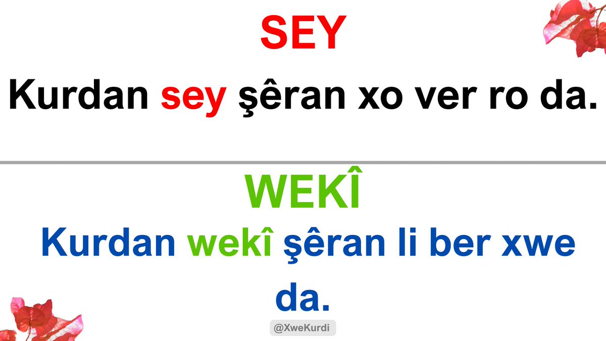 Ez dê pirsekê li kurdên zaza bikim.
Wekî ku hûn jî dizanin, di kurmancîyê da "wekî, mîna, fena, nola, nota" heye; lê kurmanc di zimanê nivîskî da bêhtir "wekî û mîna"yê bi kar tînin.

Hûn kîjanê/kîjanan bêhtir bi kar tînin?
🔸sey
🔸zey
🔸sê
🔸zê
🔸jê
🔸jî
🔸hezey
🔸hezê