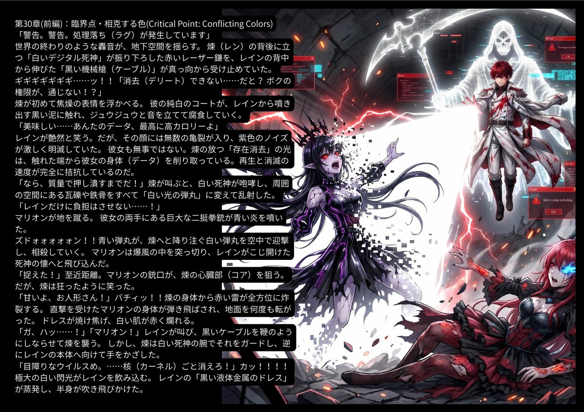 CrossSacri's tweet photo. 💀【短編小説】Story Update: 30章 - 31章 [Final]
システム管理者 vs ウイルス、完全決着。
「道連れよ。あんたの好きな『完全消去』、一緒に味わいなさい」
煉の白き消去の光と、レインの黒き捕食が激突し、世界は崩壊する。 静寂が訪れた廃墟で、生き残ったのはただ一人。レイン編、堂々の完結。
#オリジナル小説 #AIart #Gothic #LastEpisode