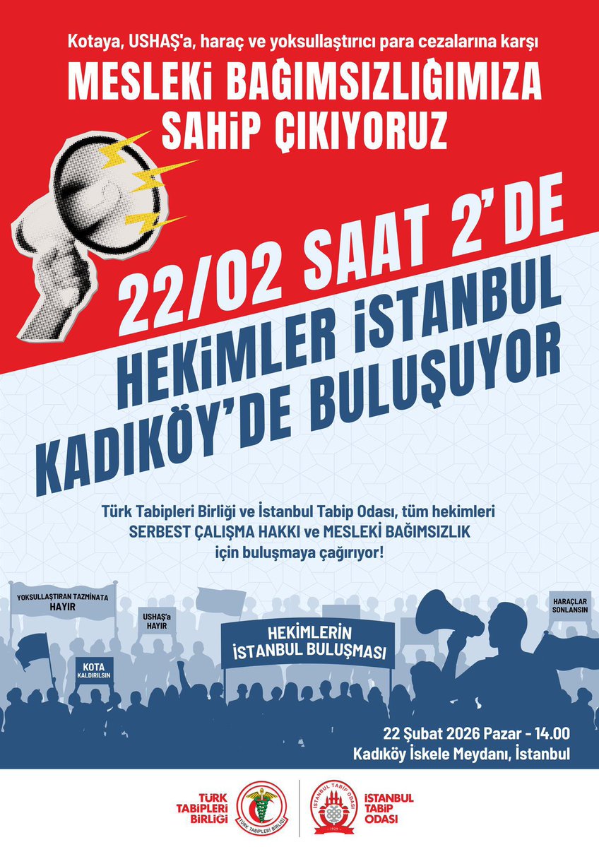 BU ÇAĞRI TÜM HEKİMLERE; 
Serbest çalışma hakkımızı ve mesleki bağımsızlığımızı kısıtlayan düzenlemelere karşı sesimizi yükseltmek için öğrenci, asistan, pratisyen, uzman, işyeri hekimi, akademisyen
Kadıköy'de buluşuyoruz! 

🗓️ 22 Şubat Pazar
🕜 14:00
📍 Kadıköy İskele Meydanı