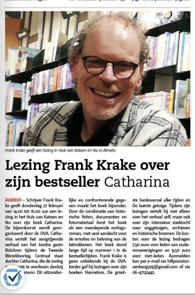 PRESENTATIE CATHARINA 
27 FEB - ALMELO 
Het verhaal over een Joodse kleermakersdochter die in Kamp Westerbork beviel van haar zoon.
Ze deed alles om de oorlog te overleven, en danste daarvoor zelfs in de legendarische kamprevue 
Met historische beelden en interviews van CATHARINA