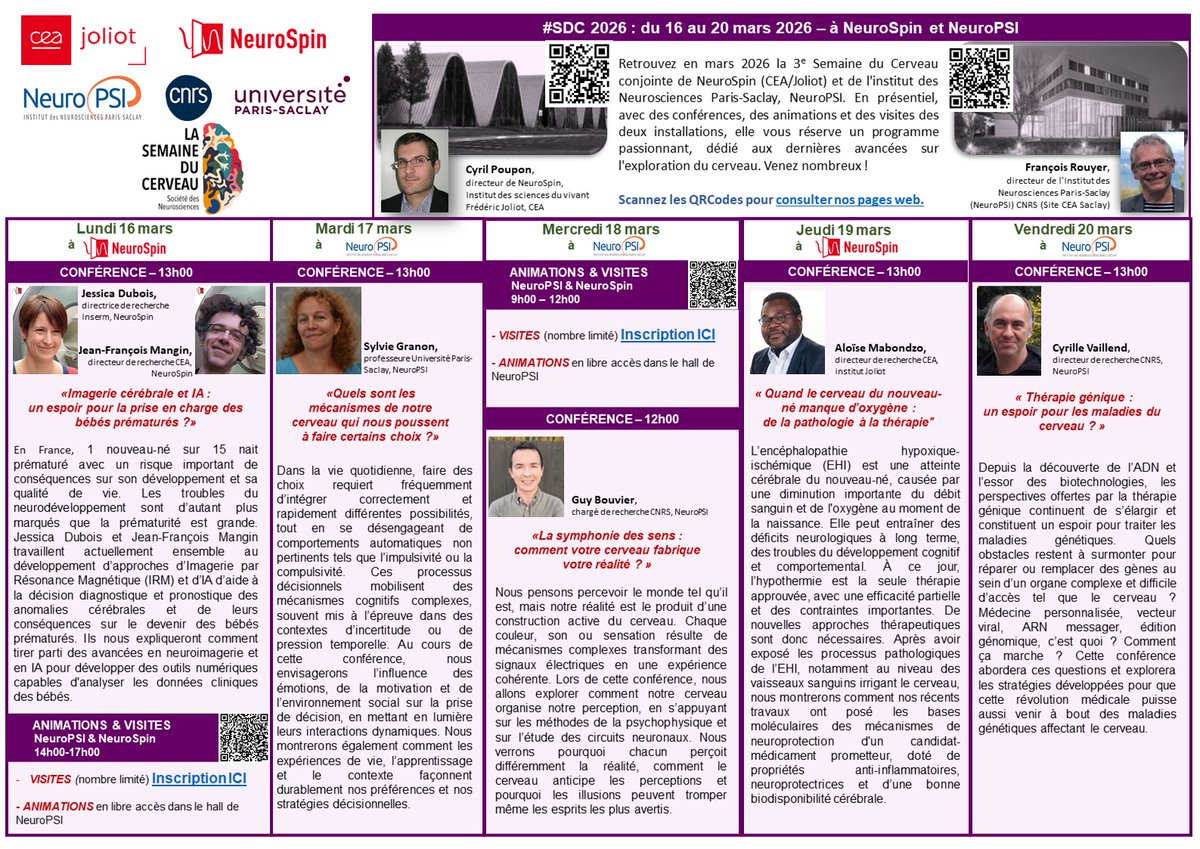 NeuroSpin_91's tweet photo. #SDC2026 🧠du 16 au 20 mars🧠à @NeuroSpin_91  et @NeuroPSI_saclay  au @CEAParisSaclay 
Conférences quotidiennes, visites sur inscription https://t.co/8ap9vhF6Hm et des animations dans le hall de NeuroPSI en accès libre (lundi AM et mercredi matin) https://t.co/9DDj1wbhzF