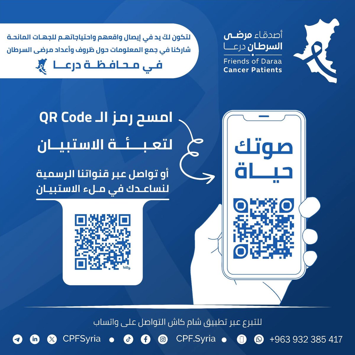 lornce_adm's tweet photo. لتكون لك يد في إيصال واقعهم واحتياجاتهم للجهات المانحة، شاركنا في جمع المعلومات حول ظروف وأعداد مرضى السرطان في محافظة درعا.

#أصدقاء_مرضى_السرطان https://t.co/j73u2QPs4Y
