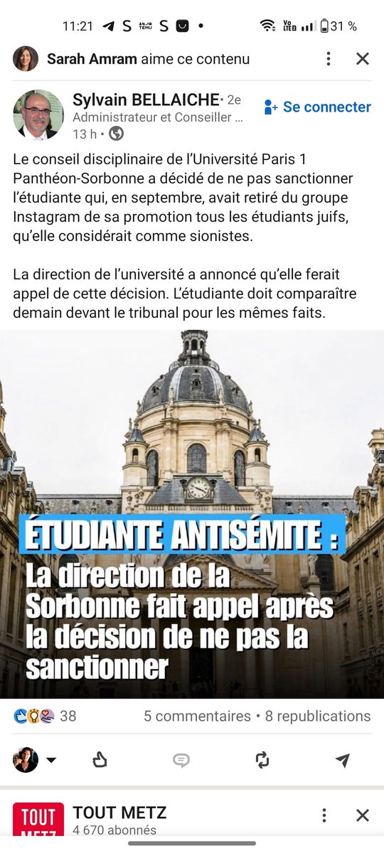 🚨 SCANDALE ABSOLU À LA SORBONNE !  
Une étudiante retire TOUS les étudiants juifs de son groupe Insta en les traitant de « sionistes ».  
Le conseil disciplinaire de Paris 1 Panthéon-Sorbonne… décide de NE PAS la sanctionner ! 😱  
La direction fait appel, mais quoi ?En 2026 on