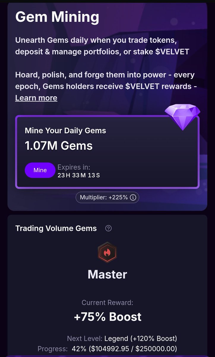 Trade on $Velvet <a href="/Velvet_Capital/">Velvet | Onchain Terminal</a>

Claim your gems daily

Every month you get a $Velvet airdrop (I got over $1,000 last month) 

Get paid to trade - I trade there everyday! 

Trade every coin on Base, Solana, BSC