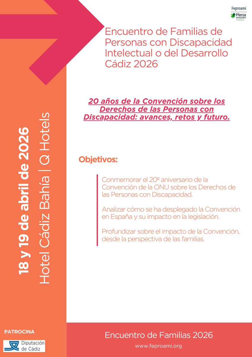 🏷️Dos meses para la celebración del Encuentro Provincial de Familias
🗓 18 y 19 abril
📍 Hotel Cádiz Bahía <a href="/Q_Hotels1/">Q HOTELS</a>
🔎 20 años de la Convención sobre los Derechos de las Personas con Discapacidad: avances, retos y futuro.
Con la participación confirmada de referentes nacionales