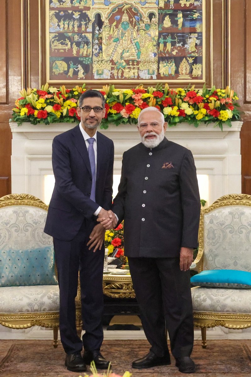 In pictures. 📸

PM <a href="/narendramodi/">Narendra Modi</a> met <a href="/sundarpichai/">Sundar Pichai</a> on the sidelines of the AI Impact Summit in New Delhi.

They discussed India’s rapid strides in artificial intelligence and the transformative work underway across sectors.
<a href="/BJP4India/">BJP</a> <a href="/BJP4Delhi/">BJP Delhi</a> <a href="/blsanthosh/">B L Santhosh</a> <a href="/PavanRanaRSS/">Pavan Rana</a>