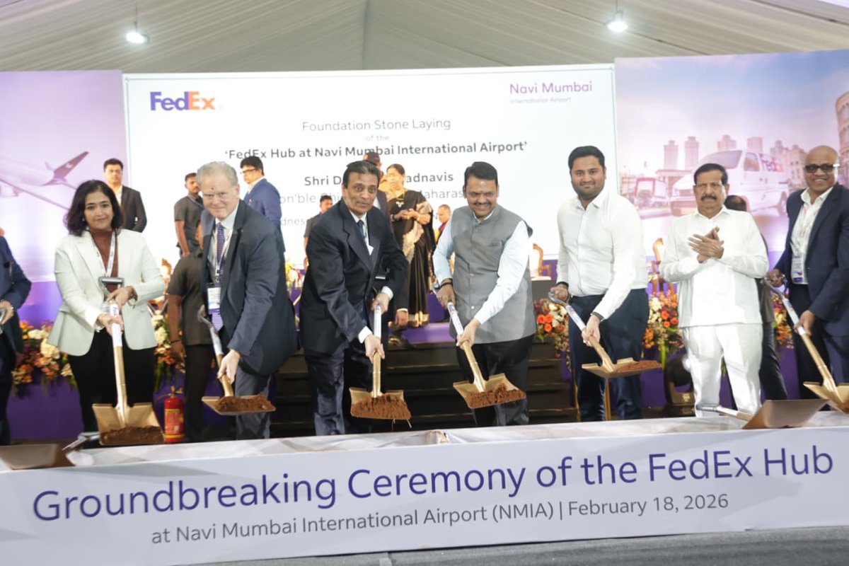 VIJAY_SINGHAL30's tweet photo. A significant milestone was marked on Wednesday, 18 February 2026, with the groundbreaking of the FedEx Hub at the cargo terminal of the Navi Mumbai International Airport, in the esteemed presence of Hon’ble Chief Minister Shri. Devendra Fadnavis. https://t.co/b9eD9MQo4G