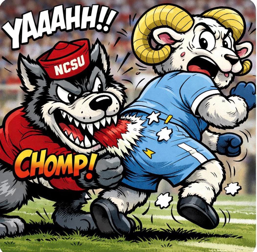 A wolf taking a bite out of a down on his luck baphomet.