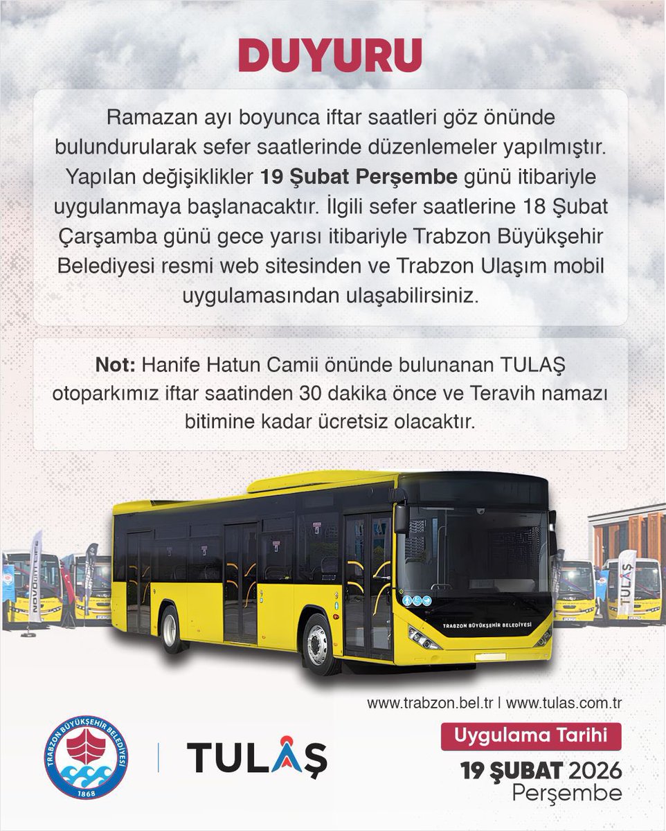 TrabzonBelTr's tweet photo. Ramazan ayı süresince iftar saatlerine göre düzenlenen yeni sefer saatlerimiz 19 Şubat Perşembe itibarıyla uygulanacaktır… 🚍

Hayırlı ramazanlar dileriz. 🌙 

Detaylar için 👉🏻 https://t.co/zjHAelZRJH https://t.co/OrSoEBga3B