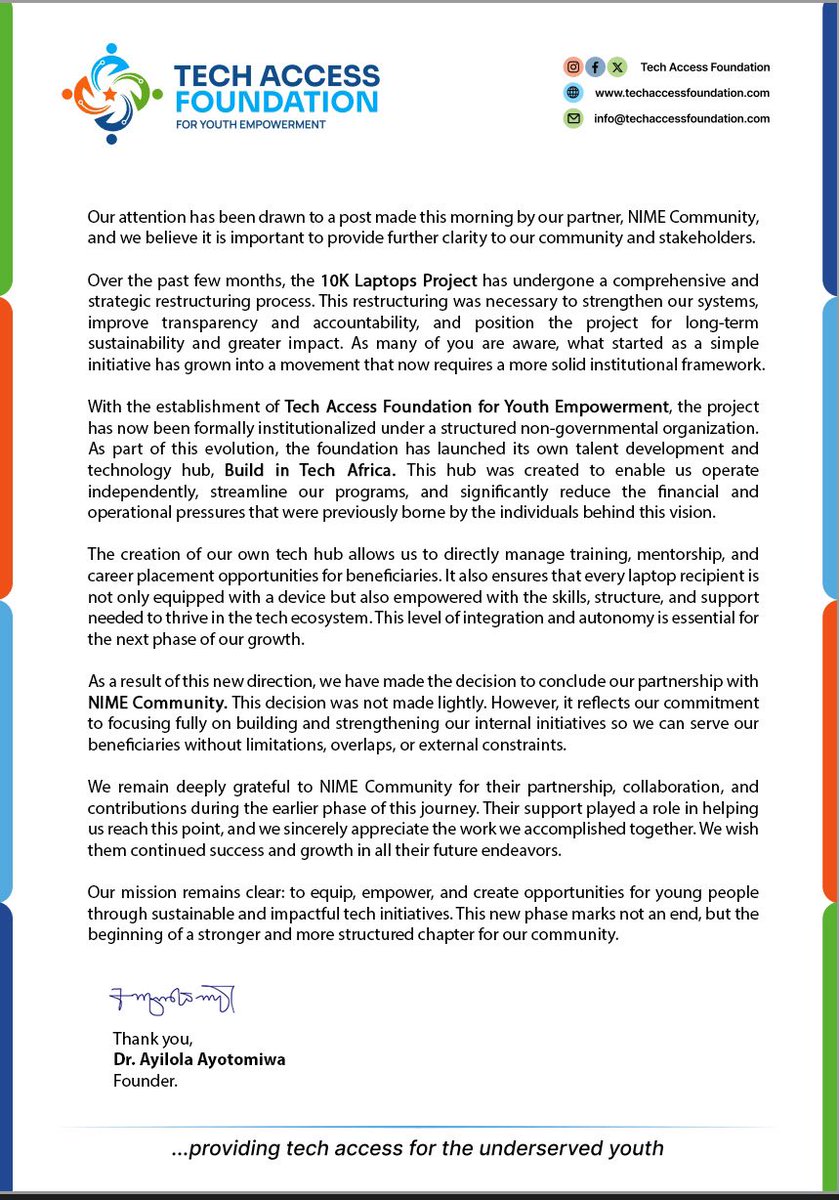 Public Notice . 

As regarding our partnership with NIME community for 10k laptops project . <a href="/Techaccessfound/">Tech Access Foundation For Youth Empowerment</a> <a href="/SgtShow01/">Sgt Show</a> <a href="/boye4christ2006/">folowosele adeboye</a> <a href="/BuildTechAfrica/">𝗕𝗨𝗶𝗟𝗗𝗶𝗻𝗧𝗲𝗰𝗵𝗔𝗳𝗿𝗶𝗰𝗮</a>