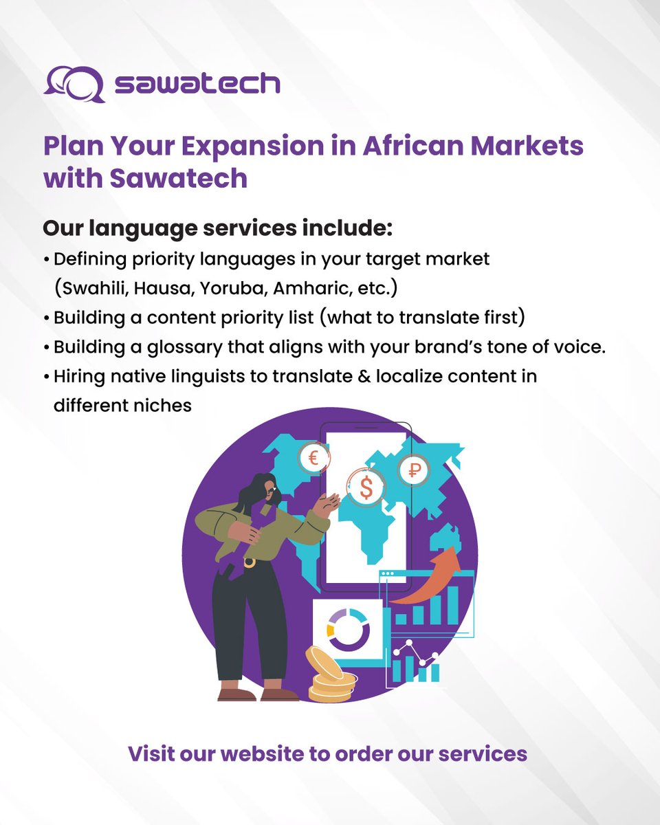 tech_sawa's tweet photo. Expanding into Africa in Q2–Q3? 
Don’t guess the plan. Sawatech helps you map priority languages, content types, and rollout phases for a smooth African market entry.

Book a strategy call: https://t.co/hWc7IjyKCB https://t.co/11wce0WQGk