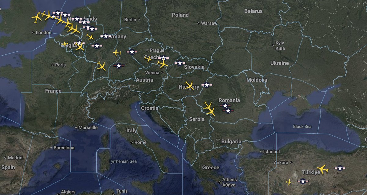 Insane amount of US airforce tanker movement over Europe right now heading toward the Middle East...