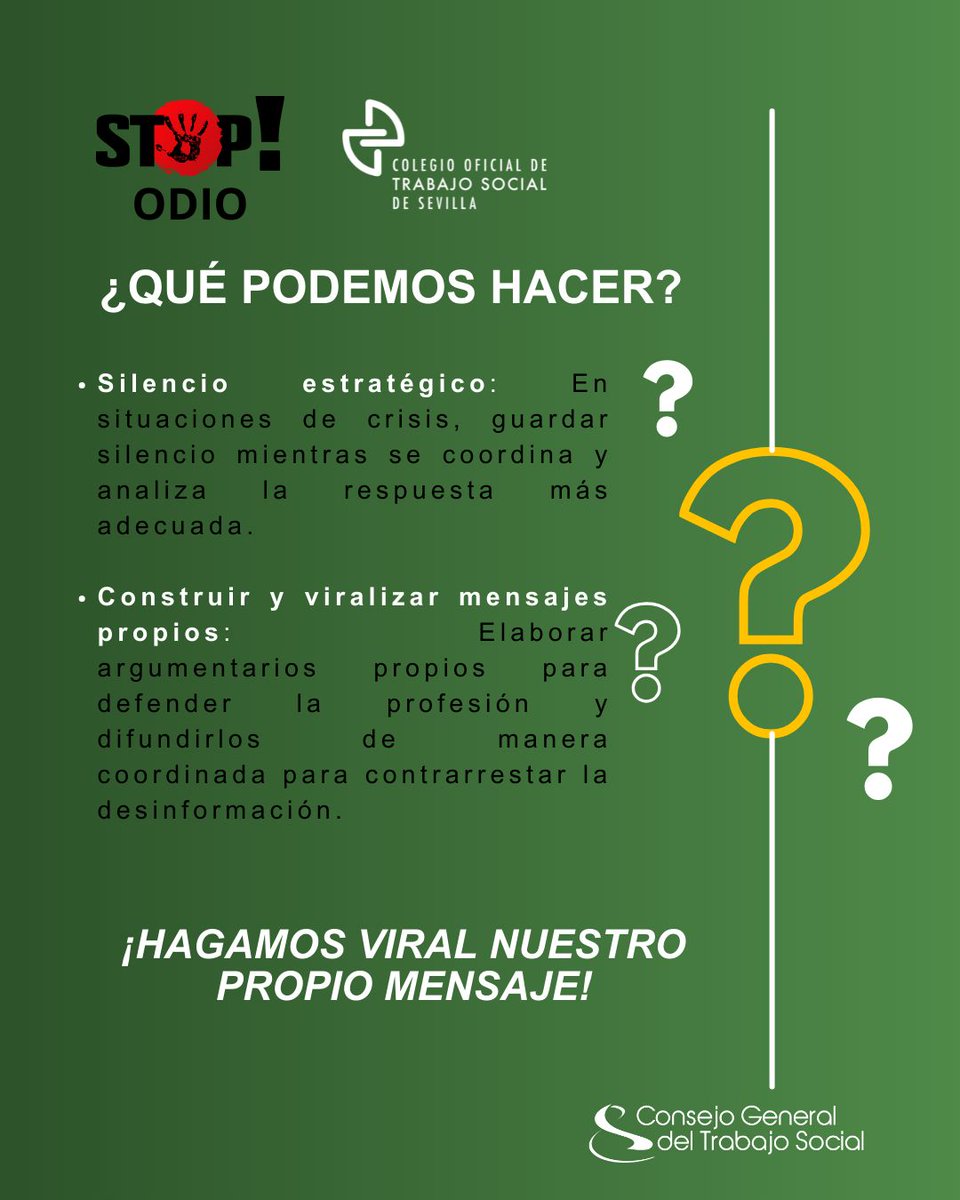 colegiotsevilla's tweet photo. i ves contenido que manipula el #TrabajoSocial y señala a personas migrantes para generar odio: denuncia. No compartas. No alimentes. Respondamos con mensajes propios, rigor y coordinación. #StopOdio #NoALaDesinformación #DerechosHumanos #TrabajoSocialSevilla https://t.co/GTtoHvDUsA