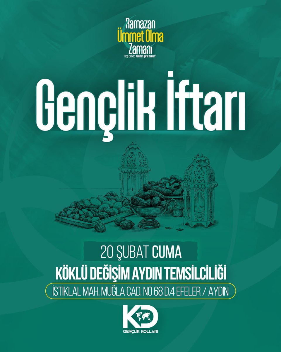 RAMAZAN, ÜMMET OLMA ZAMANI

📅 20 Şubat Cuma
📍 Köklü Değişim Aydın Temsilciliği
📌 İstiklal Mah. Muğla Cad. No:68 D:4 Efeler / Aydın

🕊 Gençlik İftarı
Tüm genç kardeşlerimiz davetlidir.

#Ramazan 
 #ÜmmetOlmaZamanı