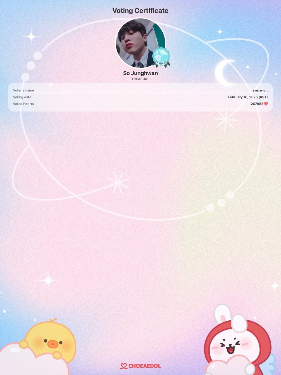 Voting completed today💝
Let's CHOEAEDOL together!

#CHOEAEDOL #So Junghwan_TREASURE #VotingProof
myloveidol.com/community/?ido…