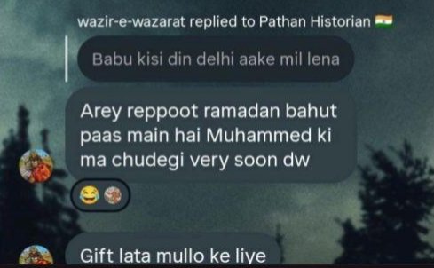 based_rajaputra's tweet photo. Here's his another ss where he abused Prophet Muhammad sallallahu alaihi wasallam and Allah swt, I'm attaching his photographs, phone number, proof of the blasphemous statements, and I've attached PDF link for complete evidence. I request the @DelhiPolice to take immediate action https://t.co/JqM5M4q16p