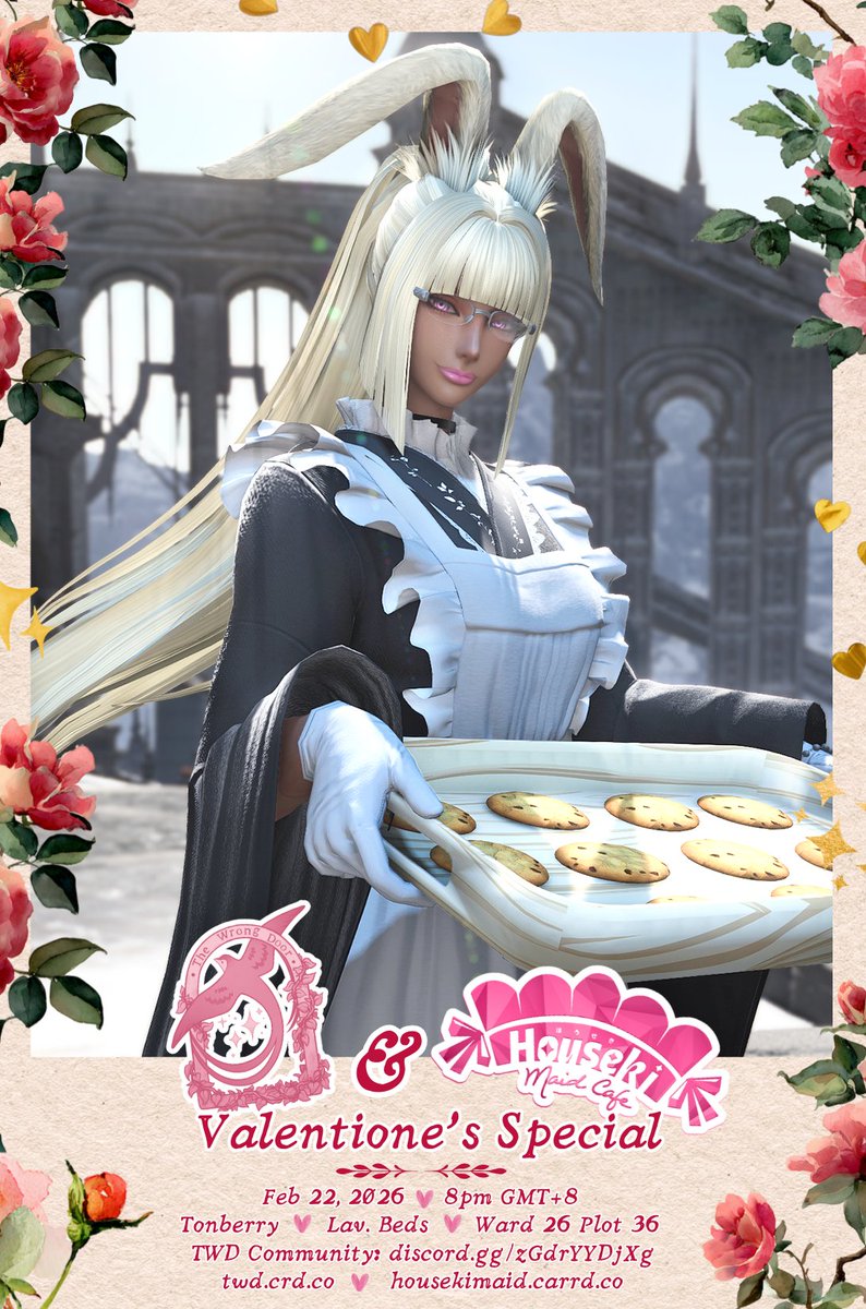 elenaelgar_xiv's tweet photo. Join us at #WrongDoorXIV to celebrate Valentione this Sunday, 22nd of February!  

We will be collabing with #housekimaids_ff14 on this wonderful opening! Come and enjoy some cookies~
 
Carrd: https://t.co/8fjigPIa19
Community: https://t.co/kFOVd9NRsn https://t.co/vojsYrD27g