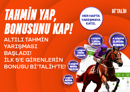 🚨 Altılı Tahmin Yarışması 3. Gün!

Katılmak çok kolay 👇
1️⃣ Üye ol (bitahmin.com/uyelik/uye-ol)
2️⃣ Tahmin Paylaş sayfasında kuponunu oluştur
3️⃣ “Yarışmaya Katıl” butonuna tıkla

🎟 Kupon limiti: 1.000 TL

🏆 Haftalık Ödüller
🥇 2.000 ₺
🥈 1.250 ₺
🥉 750 ₺
4️⃣ 600 ₺
5️⃣ 400 ₺

💰