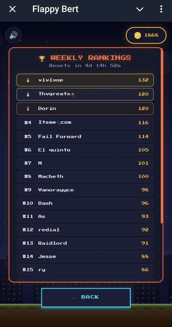 They have a leaderboard to lol

Are there any prizes or will you introduce play 2 earn ? 

<a href="/Doctor_Inker/">Dr. Inker</a> <a href="/bertcoincto/">Bert 🧸 🐶</a> 

It’s more addictive than flappy birds 

Since it’s Ramadan, I’m happy to donate some and you can give prizes to top 10 or 5 winners by Eid time