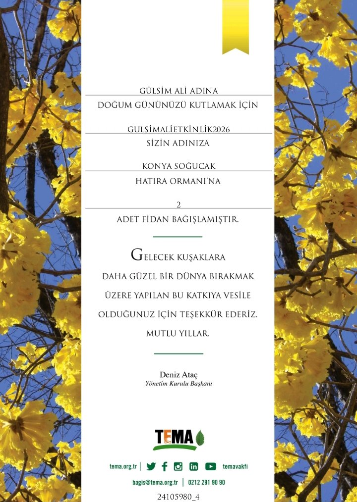 Bir ağaç gibi dimdik, bir orman gibi huzur dolu bir ömrün olsun. Senin adına toprağa emanet edilen bu fidanlar, seninle birlikte büyüyecek en güzel miras. Yeni yaşının sana tüm hayallerini getirmesi dileğiyle, mutlu yıllar!"🫶🏻🌹✨🌲🌿💚❤️❤️
<a href="/GyulsimAli/">Gülsim Ali</a> 
#iyikidoğdungülsim