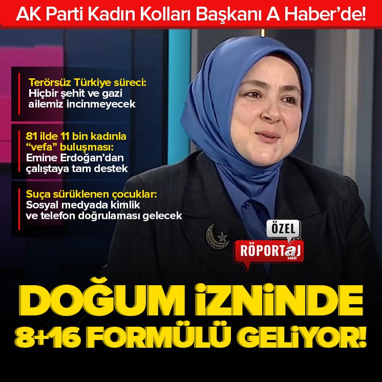 AK Parti Kadın Kolları Başkanı Tuğba Işık Ercan A Haber'de! 

Milyonlarca anneye dev müjde: Doğum izninde "8+16" formülü geliyor
ahaber.com.tr/ozel-haberler/…