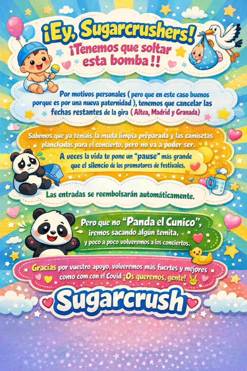 COMUNICADO 📣📣

¡Ey, Sugarcrushers! Tenemos que soltar esta bomba !!

Por motivos personales ( pero que en este caso buenos, porque es por una nueva paternidad ), tenemos que cancelar las fechas restantes de la gira ( Altea, Madrid y Granada )

Sugarcrush