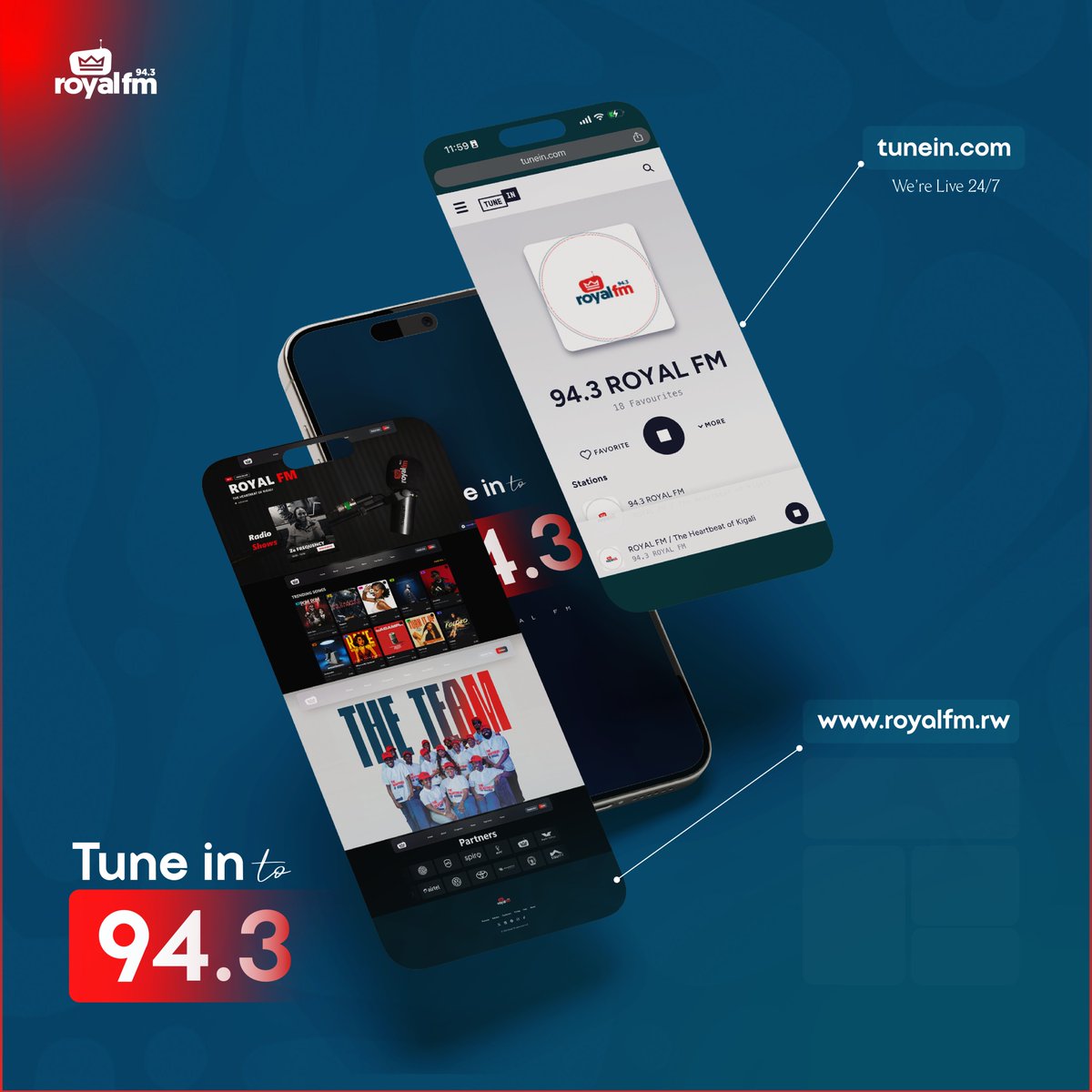 RoyalFMRwanda's tweet image. We’ve made it easier than ever to stay connected to the heartbeat of Kigali. From our website to TuneIn, we are live 24/7 so you never miss a beat.

🔗 Listen live:

Web: royalfm.rw

App: Find us on TuneIn

Radio: 94.3 FM

#RoyalFM #Kigali #LiveRadio #TuneIn #Rwanda