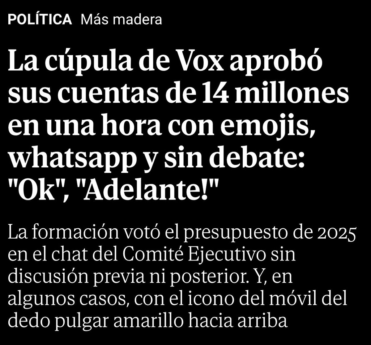Eslogan: “Vamos a eliminar subvenciones a partidos y sindicatos”

Dato: Vox vive de ellas → 73% de sus ingresos son subvenciones. 10.700.000€ públicos.

¿Devolverán el dinero?