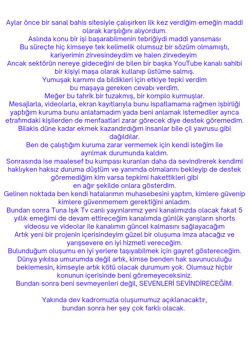 Kamuoyuna son açıklamam 
Ve ileriki süreçlerde ki düşüncelerimi yazdım
Şahsım ile ilgilenen sevenlerime ve sevdiklerime bilgilendirmedir

Bundan sonra herşey çok farklı ve güzel olacak 🧿