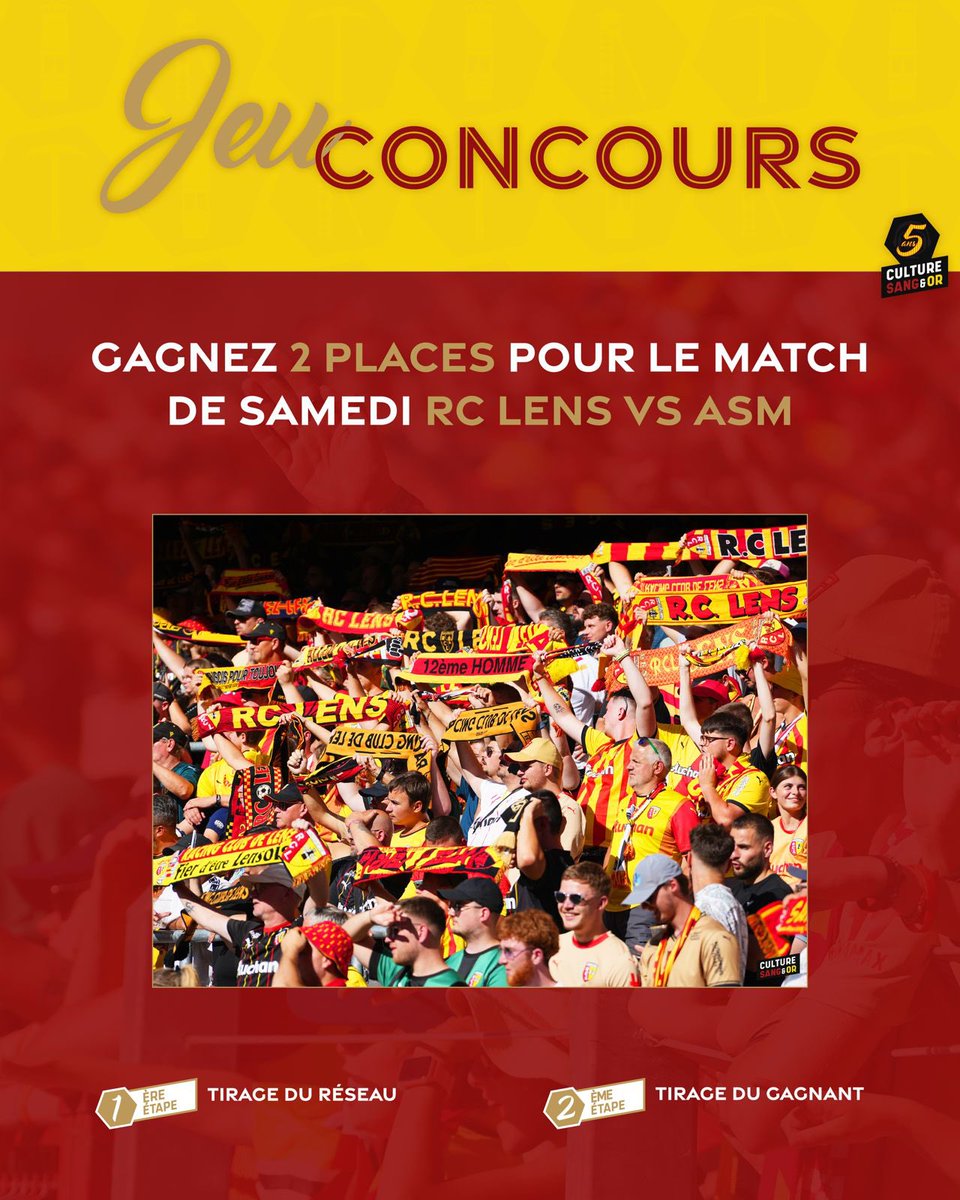 [Jeu concours | 🎁]

Aushopping Noyelles, partenaire officiel du #RCLens vous offre 2 places pour Lens - Monaco !

Pour participer :
➡️ Suivez <a href="/CultureSangEtOr/">Culture Sang&Or</a>
➡️ Partagez + mentionnez un ami en commentaire

🏆 TAS et annonce du gagnant le 20/02/26

Bonne chance 😉

#RCLASM 🔴🟡