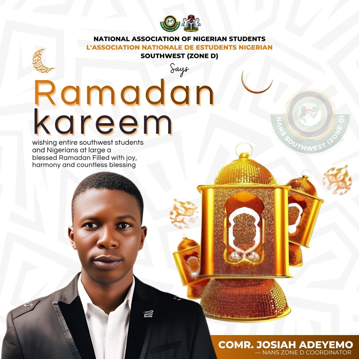 billioncodes__'s tweet photo. RAMADAN KAREEM

On behalf of the Office of the Southwest Coordinator, National Association of Nigerian Students (NANS Zone D), I extend warm and heartfelt greetings to all our Muslim students across the Southwest as we welcome the holy month of Ramadan. https://t.co/m8tyDY4FdN