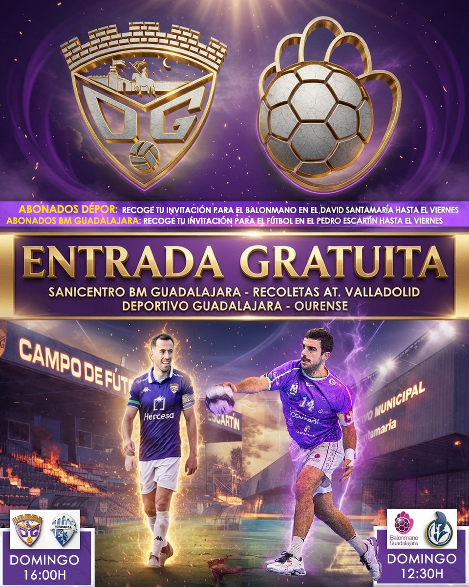 ¡ESTE DOMINGO TIENES UN PLAN CON EL FÚTBOL Y BALONMANO DE GUADALAJARA!
<a href="/deporguada/">C.D. Guadalajara 🟣⚪️</a> 🤝  <a href="/bmguadalajara/">SANICENTRO BM Guadalajara</a>

🎟️ Hasta agotar existencias, tienes una invitación esperándote y apoyar al equipo de tu ciudad.

⚽ Abonados del Dépor: Tu entrada para el balonmano la recibirás en el