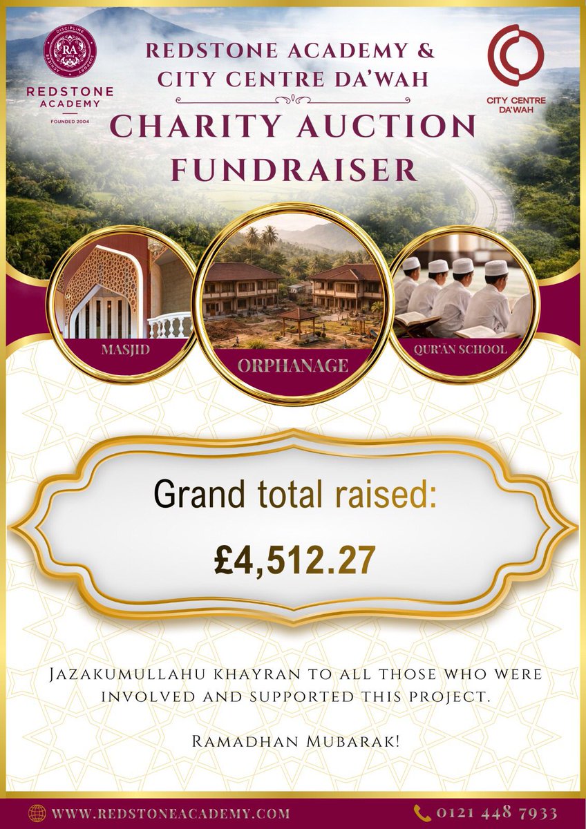 RedstoneAcademy's tweet photo. ✨Charity Event Update✨

By the permission of Allah, we raised £4,512.27 for the @CCDawah Orphanage Project (Indonesia).

This was only possible by Allah’s favour, then through your generosity, support &amp; duʿās.

We’ll keep parents updated as the project progresses, inshā’Allāh. https://t.co/cAu4z36Y8f