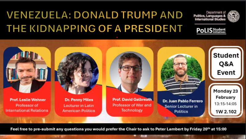 jpfbath's tweet photo. Delighted to be taking part in this student-organized Q&amp;A event on Venezuela. Looking forward to a lively discussion with my colleagues Prof. Leslie Wehner, Dr. Penny Miles, and Prof. David Galbreath. 
#Venezuela #LatinAmericanPolitics #InternationalRelations #UniversityOfBath https://t.co/JWluFcGf8z
