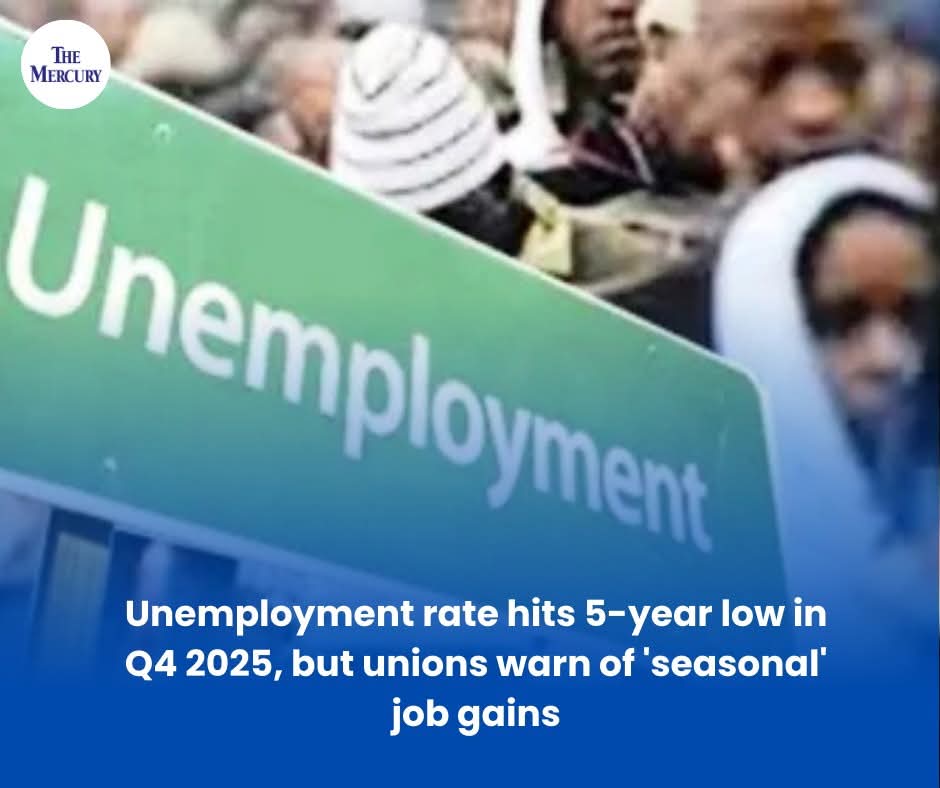 TheMercurySA's tweet image. The unemployment rate in South Africa has reached a 5-year low in Q4 2025, but unions are warning that seasonal job gains may not provide long-term stability for workers. 

Read more: themercury.co.za/news/2026-02-1… 

#Unemployment #JobMarket #EconomicStability #SouthAfrica #LabourUnions