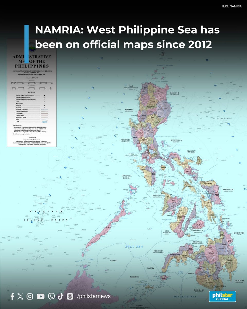 WEST PHILIPPINE SEA LABELED ON OFFICIAL MAPS SINCE 2012

The government's mapping agency pushed back on Wednesday, February 18, against claims that the West Philippine Sea lacks coordinates and does not exist on Philippine maps.

In a statement, the National Mapping and Resource