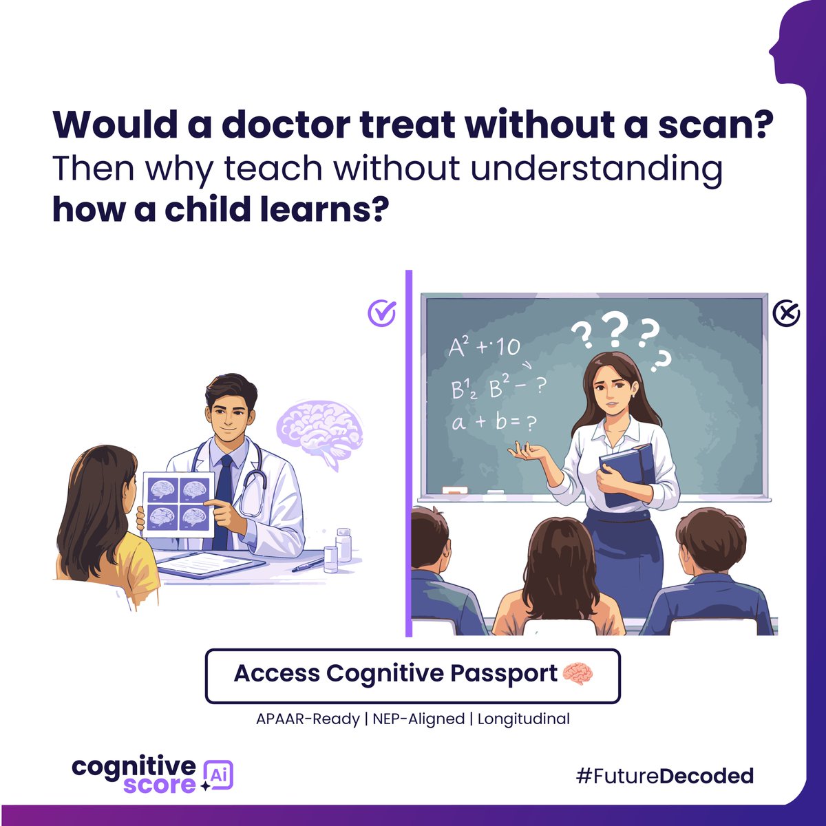 CognitiveScore's tweet photo. Would a doctor treat without a scan?
Yet we teach children
without understanding how they learn.
The issue isnโt effort.
Itโs diagnosis.
๐ง Every child learns differently.
๐ Access your Cognitive Passport ๐ง
https://t.co/AInTpw1QDt
#FutureDecoded #Educator #NEP2020 #K12 #APAAR https://t.co/mzQiaBxvkz