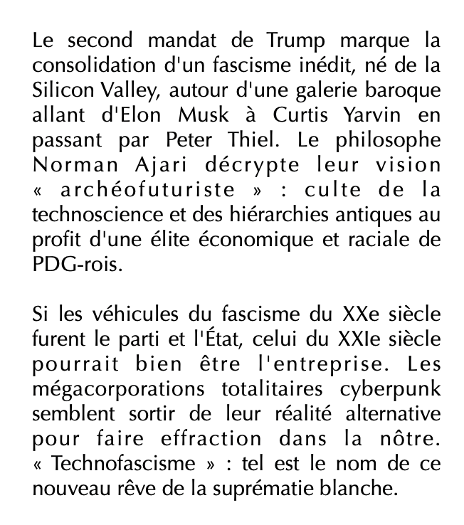 Norman Ajari - Technofascisme

Le nouveau rêve de la suprématie blanche

Vient de paraître aux éditions Météores
