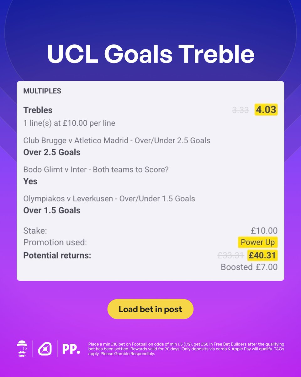 ⭐️ 15 goals last night, I'm going with this Champions League Goals Treble tonight.

Load bet: bit.ly/UCL-GOALS-Treb…

Get £50 in Free Bets &amp; 20% Power Up if you join Paddy Power below &amp; stake £10 on this bet.

Claim offer: bit.ly/Claim-50-FreeB…

18+, T&amp;Cs Apply. Ad.