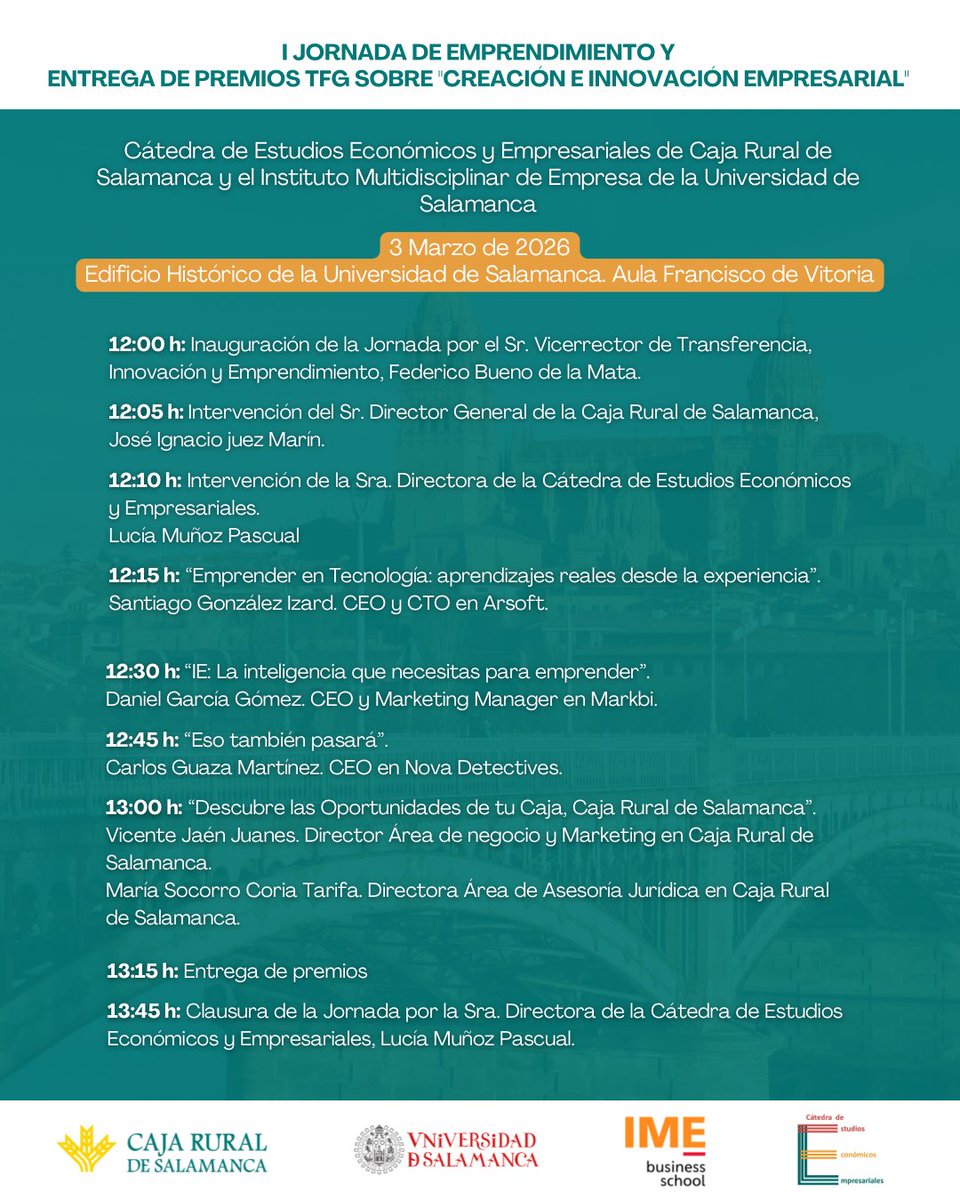 CatedraCRSIME's tweet photo. 🏆 I Jornada de Emprendimiento ➡️ El 3 de marzo tendrá lugar la entrega de premios TFG sobre la creación e innovación empresarial 👏🏼

Será una jornada muy bonita donde habrá  diferentes intervenciones y ponencias de temas de actualidad ✅

¡Os esperamos a todos! 

#salamanca https://t.co/KTNADahTVK