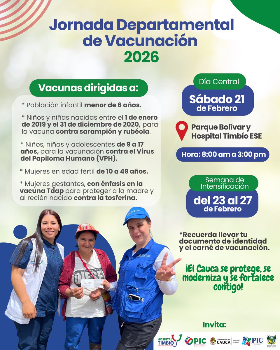 HospitalTimbio's tweet photo. 📣 ¡Llega la Gran Jornada Departamental de Vacunación a Timbío! 💉

Nuestra prioridad es tu salud y la de tu familia. Te invitamos a participar en esta jornada especial para completar tus esquemas de vacunación. ✅

#SaludTimbío #JornadaDeVacunación https://t.co/kBtCzBNITy