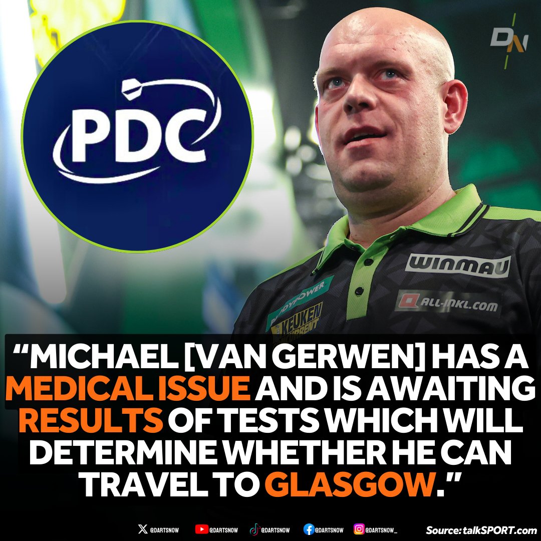 DartsNow's tweet photo. 𝗣𝗗𝗖 𝗥𝗲𝗹𝗲𝗮𝘀𝗲 𝗦𝘁𝗮𝘁𝗲𝗺𝗲𝗻𝘁 𝗥𝗲𝗴𝗮𝗿𝗱𝗶𝗻𝗴 𝗠𝗶𝗰𝗵𝗮𝗲𝗹 𝘃𝗮𝗻 𝗚𝗲𝗿𝘄𝗲𝗻

A PDC spokesperson has issued a statement to https://t.co/AWI2JuIt59 regarding Michael van Gerwen which may see him miss tomorrow night's Premier League in Glasgow.

This comes after close friend Vincent van der Voort revealed the three-time World Champion is on antibiotics after he 'picked up something.'

If Van Gerwen cannot play then Luke Littler will receive a bye to the semi-finals tomorrow night.

#Darts