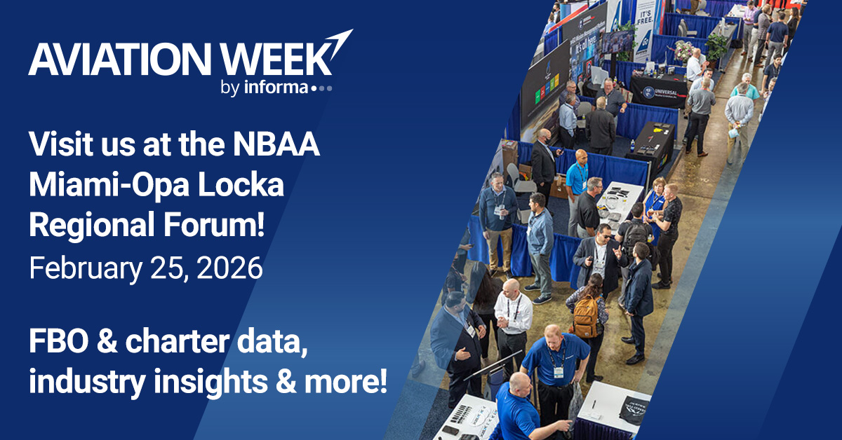 AvWeekBizAv's tweet image. Visit Aviation Week at Booth #S500 – NBAA Miami-Opa locka Forum on Feb 25! ✈️

Discover insights from AC-U-KWIK, Air Charter Guide, and BCA to grow your business.

Let’s take your brand to new heights! Schedule now: pgs.aviationweek.com/2026-business-…