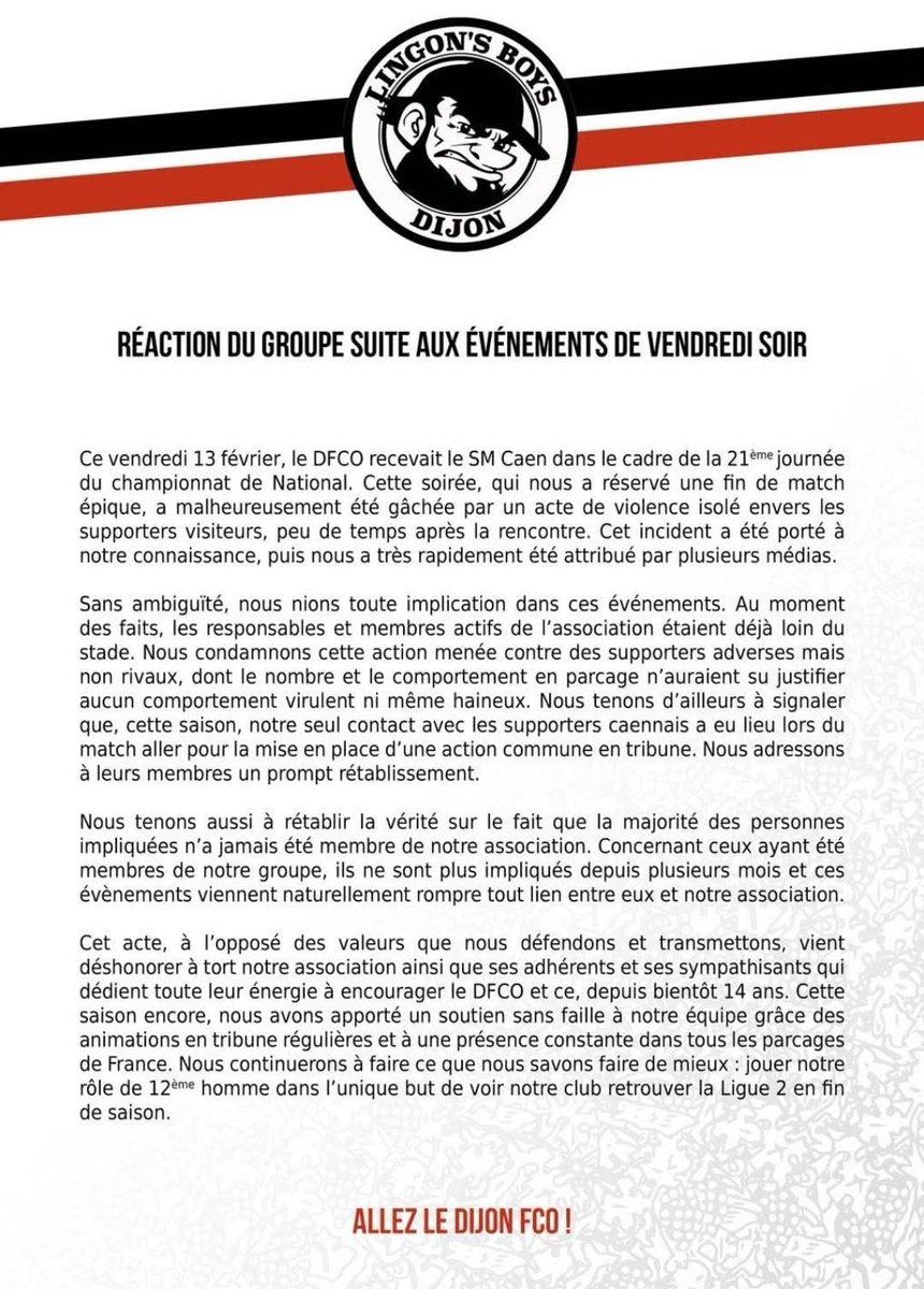 nationalfoot_'s tweet image. 🚨📑 𝗟𝗘𝗦 𝗟𝗜𝗡𝗚𝗢𝗡'𝗦 𝗕𝗢𝗬𝗦 (𝗗𝗙𝗖𝗢) 𝗥𝗘́𝗔𝗚𝗜𝗦𝗦𝗘𝗡𝗧 𝗔𝗨𝗫 𝗔𝗚𝗥𝗘𝗦𝗦𝗜𝗢𝗡𝗦 𝗦𝗨𝗥𝗩𝗘𝗡𝗨𝗘𝗦 𝗔𝗣𝗥𝗘̀𝗦 𝗗𝗜𝗝𝗢𝗡 - 𝗖𝗔𝗘𝗡 ! 🔴⚫️

À la suite de la rencontre entre le DFCO et le Stade Malherbe de Caen, des supporters caennais avaient été agressés par…