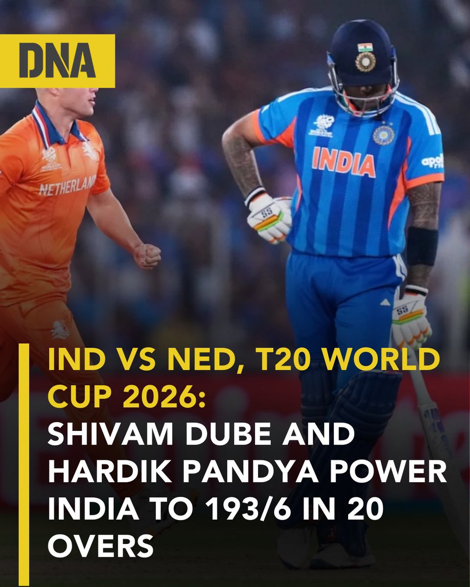 dna's tweet photo. The last over delivers both big hits and crucial wickets. #ShivamDube launches a six before departing for a fiery 66 off 31, while #RinkuSingh adds a maximum of his own. #HardikPandya falls trying to accelerate, but India close on 193/6 after 20 overs.

#DNAUpdate | #INDvsNED | #T20WorldCup