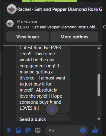 unhinged response on facebook marketplace to my wedding set listing. get your divorce, girl. buy my rings, girl.