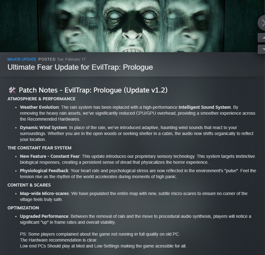 Performance UP. Fear System FINISHED. 🚨

EvilTrap: Prologue just got its final major update. Now, the journey toward the full nightmare begins.

Play the Prologue for free, tell me what you think, and don't forget to wishlist the full game! 🖤
#HorrorGames