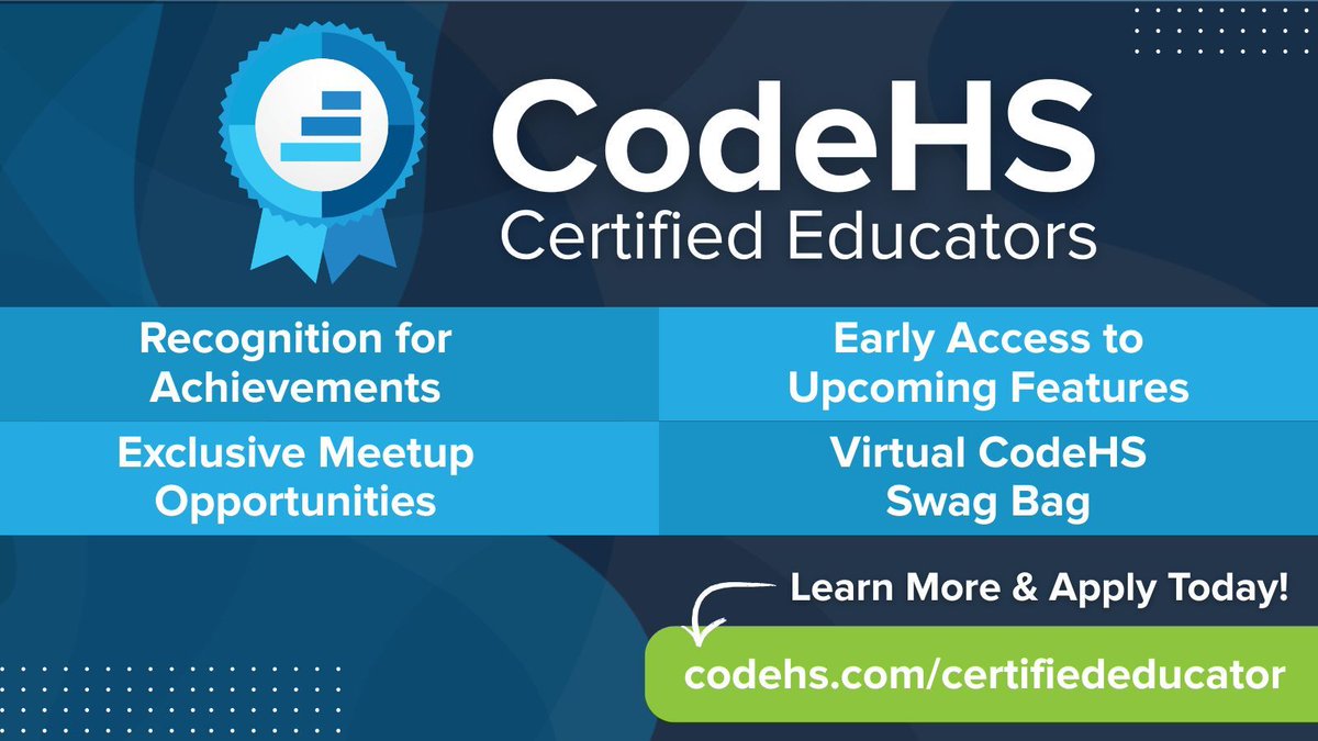 CodeHS's tweet photo. Join the CodeHS Certified Educator Program! 🎉 Get early access to new features, free merch, and connect with CS teachers worldwide. Apply now for the Spring 2026 Cohort—the deadline is March 18th! Apply at https://t.co/GeOPDogkHw

#CodeHS #EdTech #CertifiedEducator https://t.co/wNS6Yhithq
