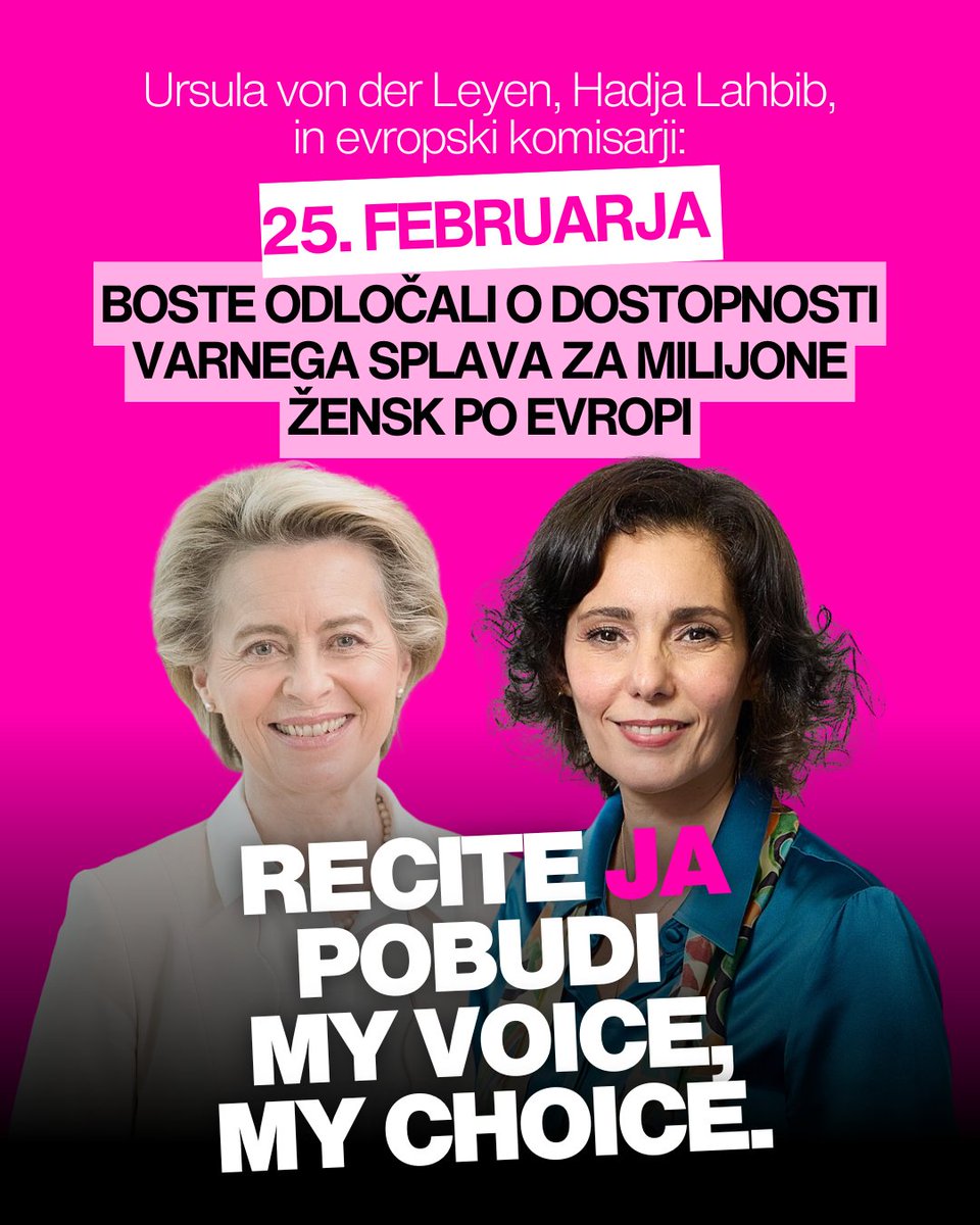 Čez en teden bosta @UrsulaVonDerLeyen in @HadjaLahbib odločili, ali bo EU podprla pobudo My Voice, My Choice za varen in dostopen splav. Pomanjkanje dostopa ogroža zdravje in življenja žensk. Označite ju in ju prosite, naj rečeta DA pobudi My Voice, My Choice!